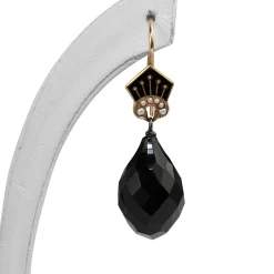 14ct Antique Onyx, Enamel and Pearl Drop Earrings