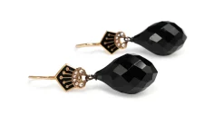 14ct Antique Onyx, Enamel and Pearl Drop Earrings
