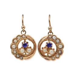 18ct Antique Rose Gold Pearl and Sapphire Earrings