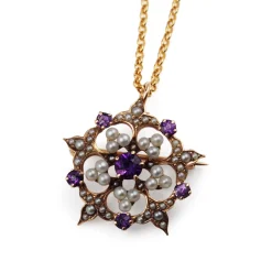 14ct Gold Amethyst and Pearl Brooch and Necklace