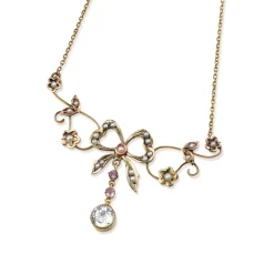 9ct Gold Antique Aquamarine, Pearl and Amethyst Bow Necklace