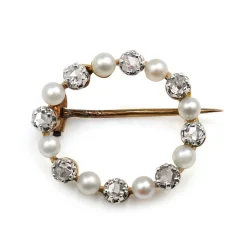 18ct Gold Antique Pearl and Rose Cut Diamond Wreath Brooch