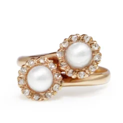 18ct Rose / Yellow Gold Antique Pearl and Rose Cut Diamond 'Moi et Toi' Ring