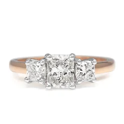 18ct Rose and White Gold Radiant and Cushion Cut 3 Stone Diamond Ring