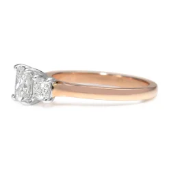 18ct Rose and White Gold Radiant and Cushion Cut 3 Stone Diamond Ring