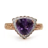 14ct Rose and White Gold Trillion Amethyst and Diamond Halo Ring with Etched Band