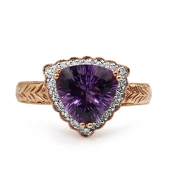 14ct Rose and White Gold Trillion Amethyst and Diamond Halo Ring with Etched Band
