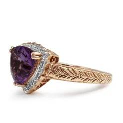 14ct Rose and White Gold Trillion Amethyst and Diamond Halo Ring with Etched Band