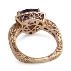 14ct Rose and White Gold Trillion Amethyst and Diamond Halo Ring with Etched Band