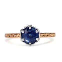 18ct Rose and White Gold Vintage Style Sapphire Solitaire Ring With Etched Band