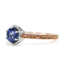 18ct Rose and White Gold Vintage Style Sapphire Solitaire Ring With Etched Band