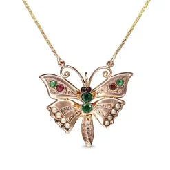 9ct Rose and Yellow Gold Antique Emerald, Pearl and Garnet Butterfly Necklace