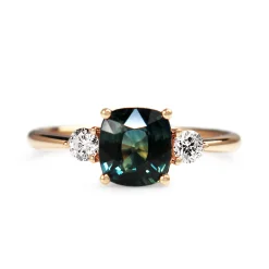 18ct Rose Gold 1.40 Cushion Teal Sapphire and Diamond 3 Stone Ring