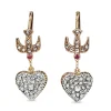 9ct Rose Gold and Silver Topped Antique Rose Cut Diamond and Ruby Heart and Swallow Earrings
