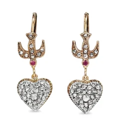 9ct Rose Gold and Silver Topped Antique Rose Cut Diamond and Ruby Heart and Swallow Earrings