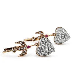 9ct Rose Gold and Silver Topped Antique Rose Cut Diamond and Ruby Heart and Swallow Earrings