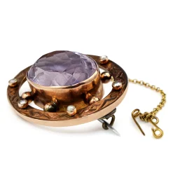 9ct Rose Gold Antique Amethyst and Seed Pearl Brooch