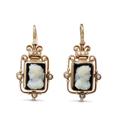 9ct Rose Gold Antique Onyx Cameo and Pearl Earrings