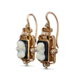 9ct Rose Gold Antique Onyx Cameo and Pearl Earrings