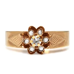 15ct Rose Gold Antique Pearl and Old Cut Diamond Ring