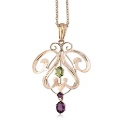 9ct Rose Gold Antique Peridot and Amethyst Suffragette Necklace