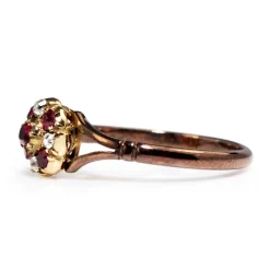 9ct Rose Gold Antique Ruby and Old Cut Diamond Cluster Ring