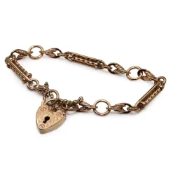 9ct Rose Gold Antique Style 'Prince of Wales' Bracelet with Heart Padlock