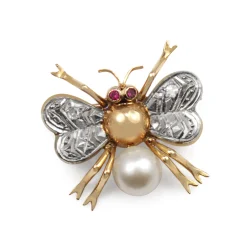 14ct Rose Gold Art Deco Pearl, Ruby and Single Cut Diamond Bee / Bug Brooch