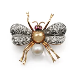 14ct Rose Gold Art Deco Pearl, Ruby and Single Cut Diamond Bee / Bug Brooch