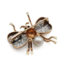 14ct Rose Gold Art Deco Pearl, Ruby and Single Cut Diamond Bee / Bug Brooch