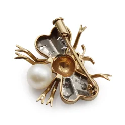 14ct Rose Gold Art Deco Pearl, Ruby and Single Cut Diamond Bee / Bug Brooch