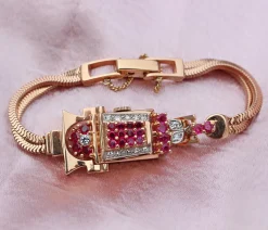 14ct Rose Gold Art Deco Ruby and Diamond Watch / Bracelet