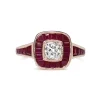18ct Rose Gold Cushion Cut Diamond and Channel Set Ruby Halo Ring