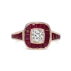 18ct Rose Gold Cushion Cut Diamond and Channel Set Ruby Halo Ring
