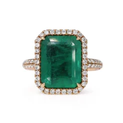 18ct Rose Gold Emerald and Diamond Halo Ring