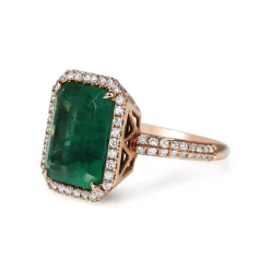 18ct Rose Gold Emerald and Diamond Halo Ring