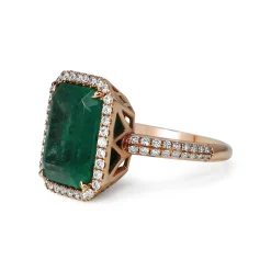 18ct Rose Gold Emerald and Diamond Halo Ring