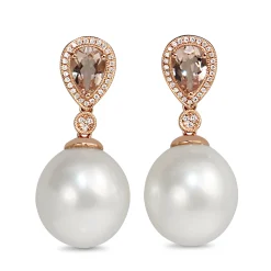 18ct Rose Gold 13.5mm South Sea Pearl, Morganite and Diamond Drop Earrings