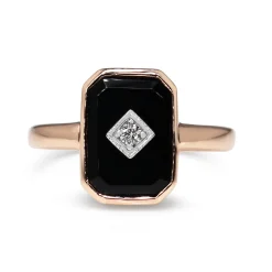 9ct Rose Gold Onyx and Diamond Rectangle Ring