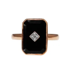 9ct Rose Gold Onyx and Diamond Large Rectangle Ring
