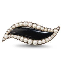 9ct Rose Gold Onyx and Seed Pearl Brooch With Silver Pin