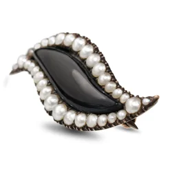 9ct Rose Gold Onyx and Seed Pearl Brooch With Silver Pin