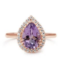 9ct Rose Gold Pear Amethyst and Diamond Halo Ring