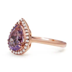 9ct Rose Gold Pear Amethyst and Diamond Halo Ring
