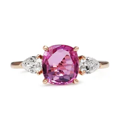 18ct Rose Gold Pink Cushion Sapphire and Pear Diamond 3 Stone Ring