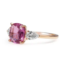 18ct Rose Gold Pink Cushion Sapphire and Pear Diamond 3 Stone Ring