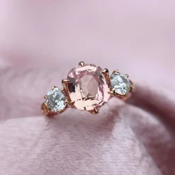 18ct Rose Gold Pink Padparadscha Sapphire and Diamond 3 Stone Ring