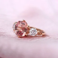 18ct Rose Gold Pink Padparadscha Sapphire and Diamond 3 Stone Ring