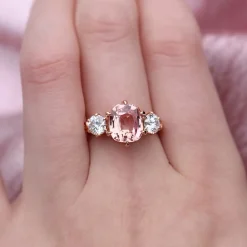 18ct Rose Gold Pink Padparadscha Sapphire and Diamond 3 Stone Ring