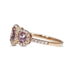 18ct Rose Gold Pink Sapphire 3 Stone Halo Ring